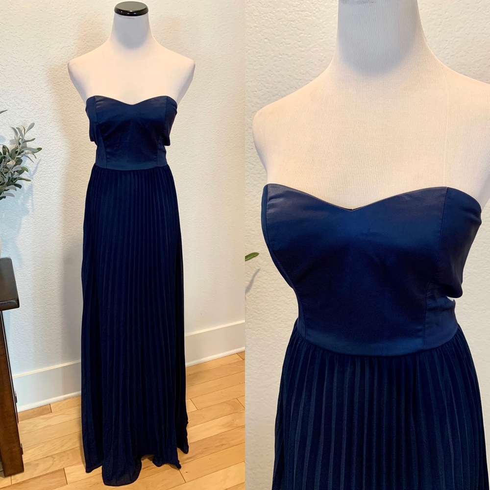 Lulus navy blue pleated strapless bridesmaid wedding cutout  long maxi dress S
